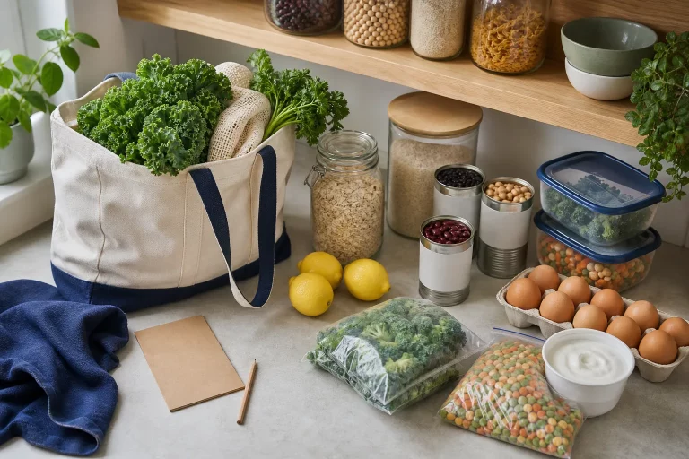 A practical grocery and pantry setup built around reusable ingredients.