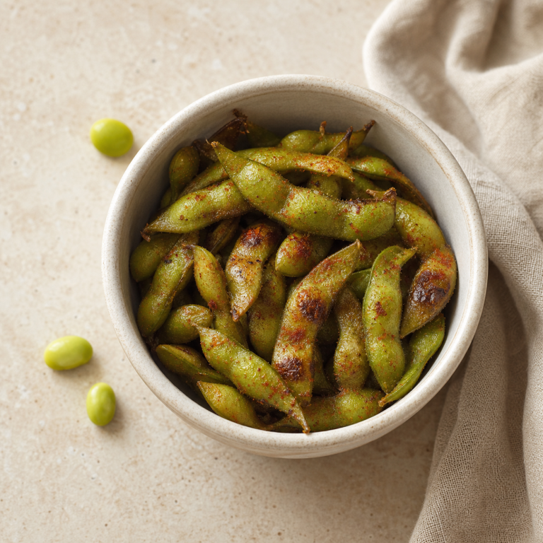 Crispy roasted edamame with smoked paprika in a small cream snack cup.