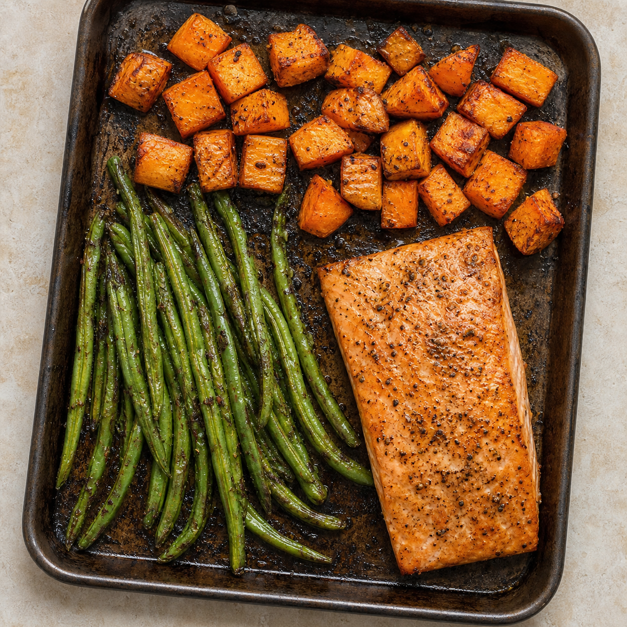 One-Pan Salmon, Sweet Potato, and Green Beans
