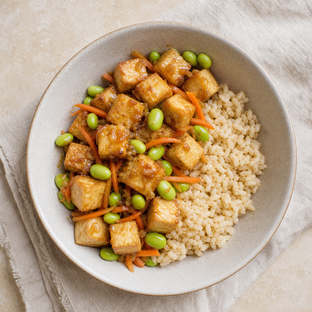 Ginger Tofu, Edamame, and Brown Rice Bowl