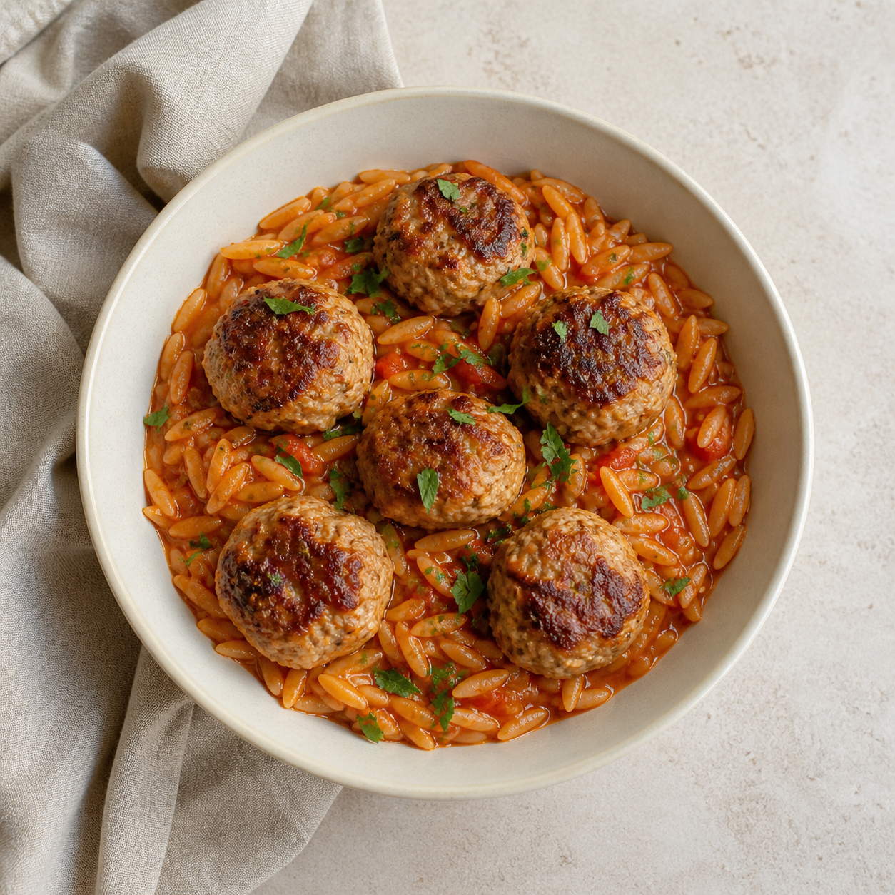 Small-Batch Turkey Meatballs with Tomato Orzo